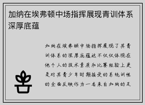 加纳在埃弗顿中场指挥展现青训体系深厚底蕴