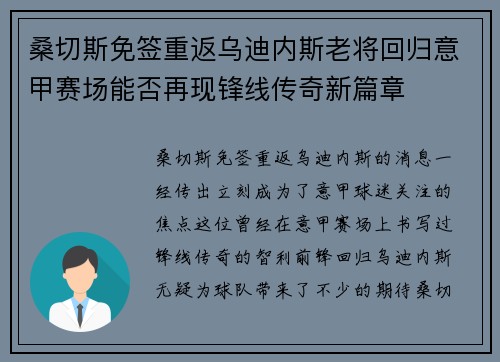 桑切斯免签重返乌迪内斯老将回归意甲赛场能否再现锋线传奇新篇章